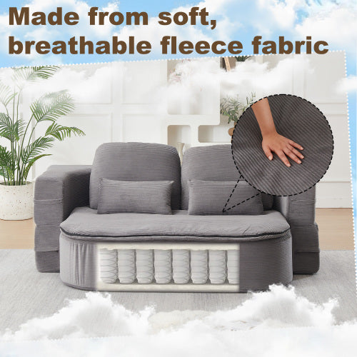 75 inch Corduroy Convertible Floor Sofa Bed with Built-in Blanket & 4 Pillows