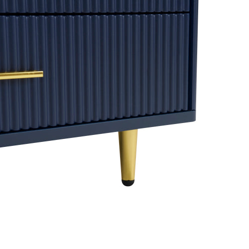 Modern Blue Coffee Table with Glass Doors Drawers LED Lighting Gold Legs