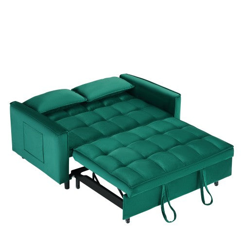 55-Inch Green Velvet 3-in-1 Convertible Sleeper Loveseat Sofa-Bed with Side Pockets for Living-Room Guest-Room
