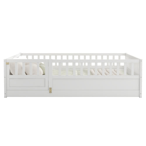 Full size Floor bed, integral construction with super high security barrier, door, children's floor bed frame, Montessori wooden children's floor bed, Support slat white
