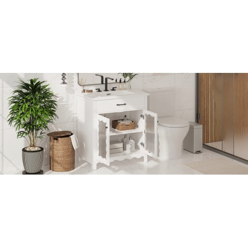 31" Bathroom Vanity with Tempered Glass, Modern Bathroom Cabinet with Rubber Wood legs and Soft close Doors, White