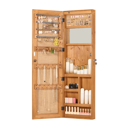 Solid Wood Jewelry Armoire Organizer Cabinet with Full-Length Mirror, 47.5x14.3 in Wall-Mounted Lockable with LED Light
