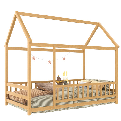 Twin Size Floor Wooden Bed with House Roof Frame, Fence Guardrails,Natural