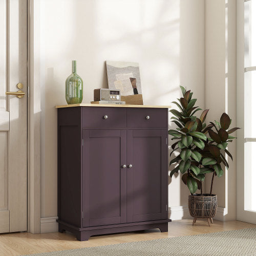 Sideboard with Solid Wood Countertop, Modern Kitchen Storage Cabinet, Coffee Bar Cabinet with 2 Drawers, Doors and Adjustable Shelf, Coffee