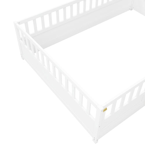 Full size Floor bed, integral construction with super high security barrier, door, children's floor bed frame, Montessori wooden children's floor bed, white