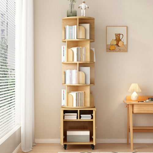 5-Tier Rotating Corner Bookshelf with Double Door Drawer, 360¡ã Revolving Wooden Home Storage Rack