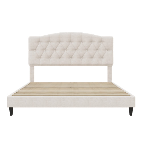 Upholstered Platform Bed with Saddle Curved Adjustable Headboard and Diamond Tufted Details,Wooden Slats and Metal Support, No Box Spring Needed,Queen, Beige