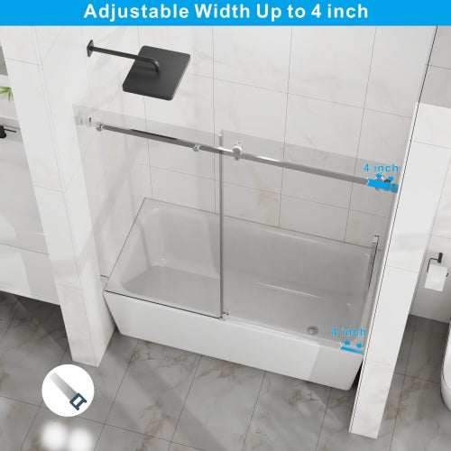 Goodyo Frameless Bathtub Door, 60" W x 58" H Sleek Silent Sliding Glass Door, 1/4" (6mm) Thick Tempered Clear Glass with Easy-clean Coating, Heavy-Duty 304 Stainless Steel, Chrome