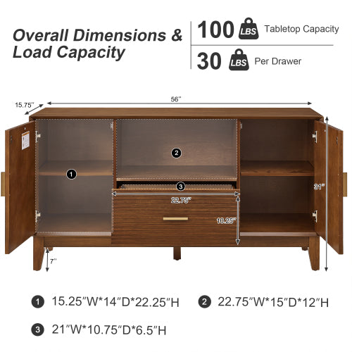 Mid Century TV Stand with Drawer, Cabinets and Storage Shelf