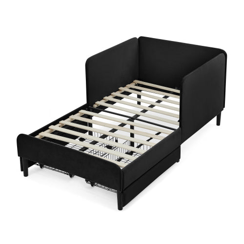 Black Twin-Size Upholstered Convertible Platform Sofa-Bed Frame with 2 Storage Drawers