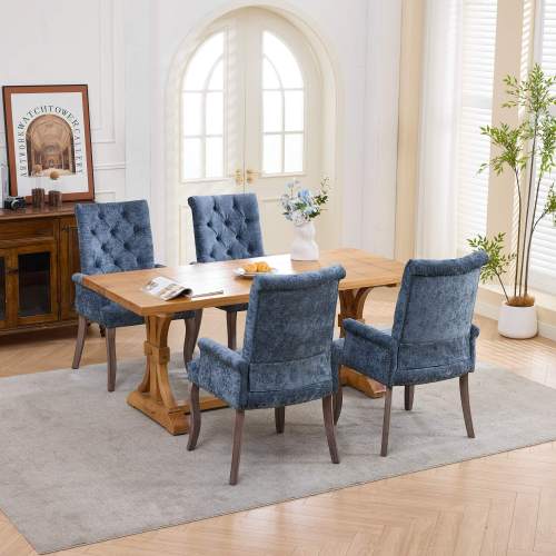 Upholstered Chenille Arm Dining Chair, Tufted Accent Chair with Curved Solid Wood Legs, Blue, Single Pack