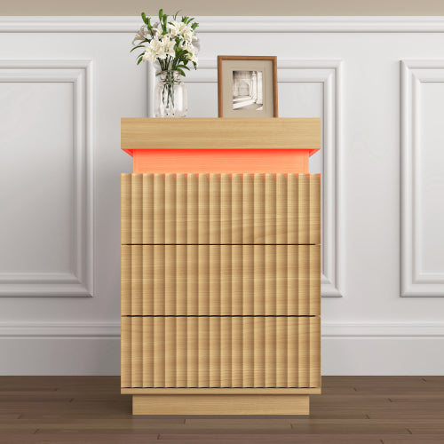 2 Pack Natural Nightstand, Sliding Top Charging Station & RGB LED with Fluted Drawers