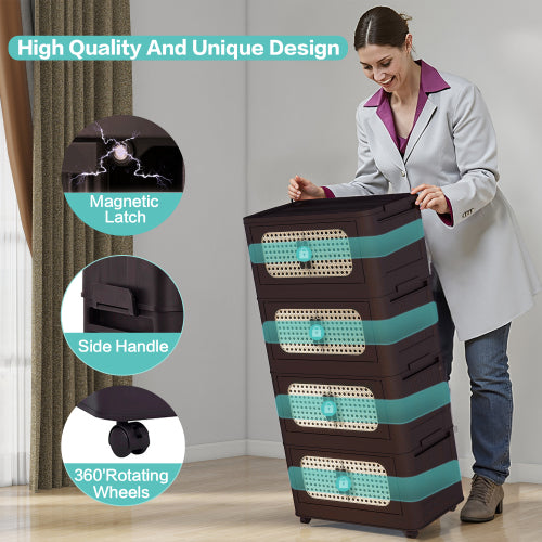Retro Brown 20 Inch Five-Tier Folding Plastic Storage Cabinet Magnetic Door With Universal Moving Wheels