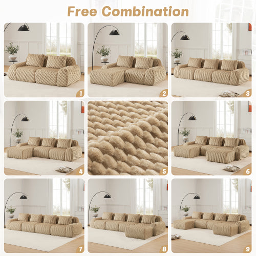82 inch Light-Camel Flannelette L-Shaped Modular Boneless Sofa,Ottoman