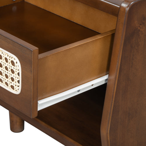 Walnut Nightstand with Rattan Detail, MDF + Solid Wood, Modern Bedroom Storage, Open Shelf & Drawer, Indoor Furniture