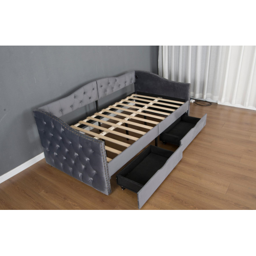 Upholstered Daybed with Storage Drawers, Wood Daybed Twin Size, with USB ports & 2 storage drawers, No Box Spring Needed, Grey
