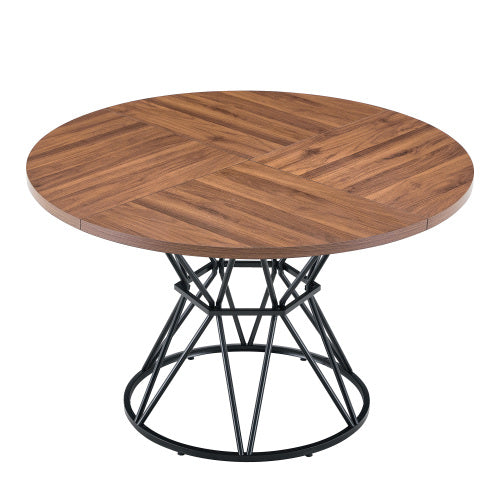 47.3 Inch Walnut Wood Grain Round Dining Table with Hourglass Metal Bracket for 4-6 People
