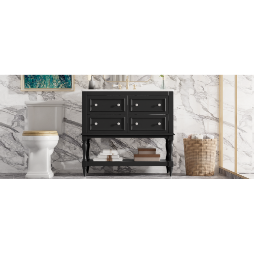36" Bathroom Vanity Cabinet with Sink Combo Set, Undermount Ceramic Sink, Free Standing Vanity Set with 4 Drawers, Solid Wood Frame Bathroom Cabinet, Black