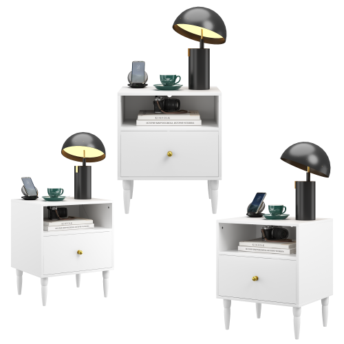 Modern White Nightstand with Drawer and Open Shelf, Bedside Table with Gold Knob, Solid Wood Legs, Small End Table for Bedroom, Living Room