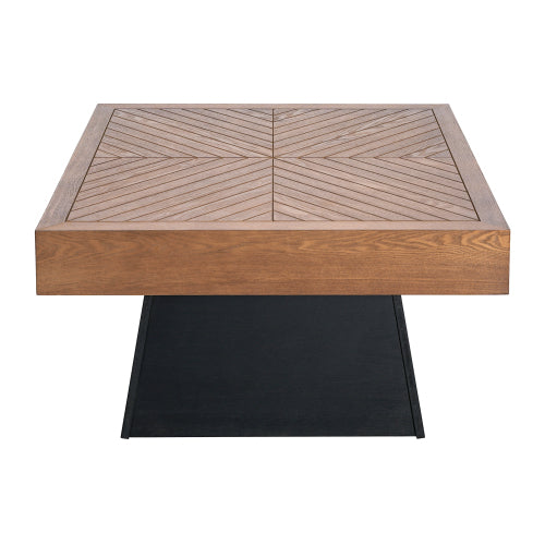 31.5inch Square Mid-Century Coffee Table, Brown Wood-Grain Top & Black Base Farmhouse Center Table