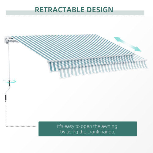 Outsunny 12' x 10' Retractable Awning Patio Awnings Sun Shade Shelter with Manual Crank Handle, 280g/m² UV & Water-Resistant Fabric and Aluminum Frame for Deck, Balcony, Yard, Green and White