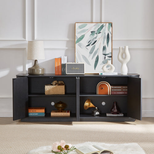 Black Wave Pattern Sideboard TV Stand 64 Inch Wide Storage Cabinet with Push to Open Doors