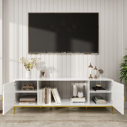 70 Inch White Honeycomb Embossed TV Stand with Golden Tapered Legs (Fireplace Space Reserved)