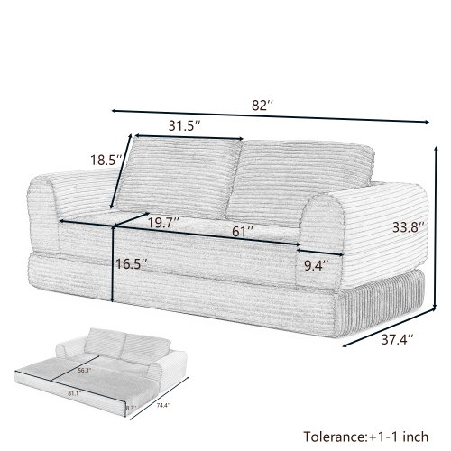 2-in-1 Folding Convertible Sofa Bed, Modern Corduroy Sleeper Couch with 2*pillows, Futon Modular Upholstered Boneless Sofa with Pull-Out Bed,Folding Floor Modular Couch for Living Room Black