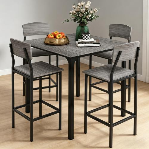 5-Piece Gray & Black Square Counter Height Dining Set, MDF & Steel Table with 4 Space-Saving Stools