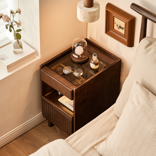 Solid Wood Nightstand with Drawer and Open Shelves, Bedside Storage Table