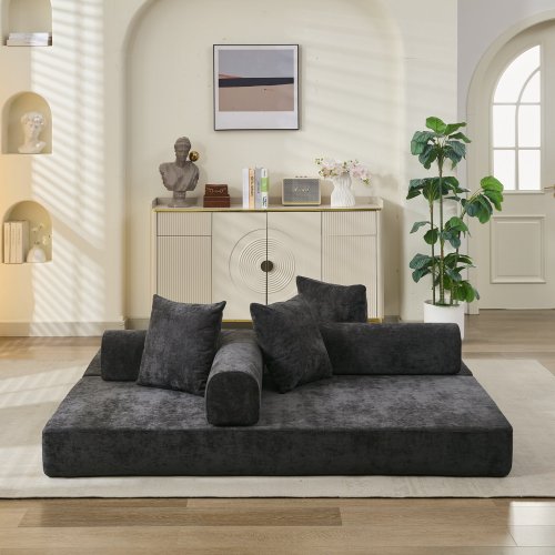Black Chenille Convertible Folding Floor Sofa Bed with Armrest