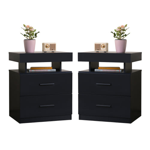 Black 2-Piece LED Nightstand Set with Fabric Drawers