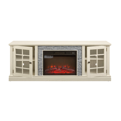 70 Inch TV Stand with 23 Inch Electric Fireplace Faux Stone White Console
