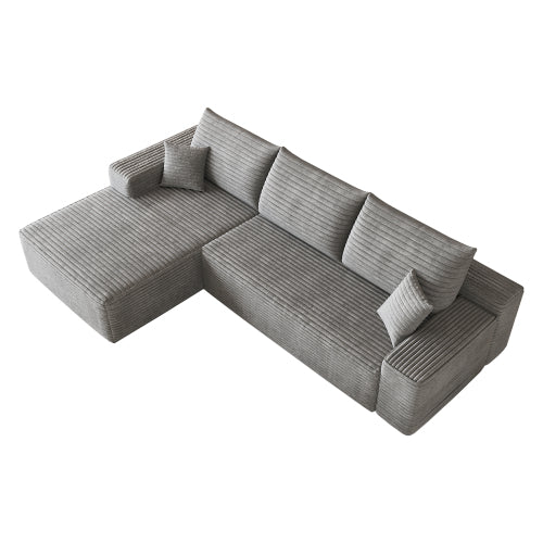 107 inch Grey Plush Corduroy L-Shape Cloud Modular Sectional Sofa, No Assembly