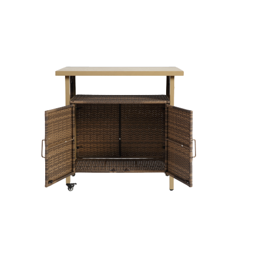 Outdoor Wicker Bar Cart, Patio Wine Serving Cart w/Wheels , Rolling Rattan Beverage Bar Counter Table w/Glass Top for Porch Backyard Garden Poolside Party, Beige
