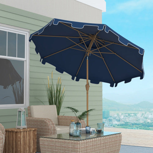 9' Patio Umbrella with Push Button Tilt and Crank, Double Top Ruffled Outdoor Market Table Umbrella with 8 Ribs, for Garden, Deck, Pool, Dark Blue