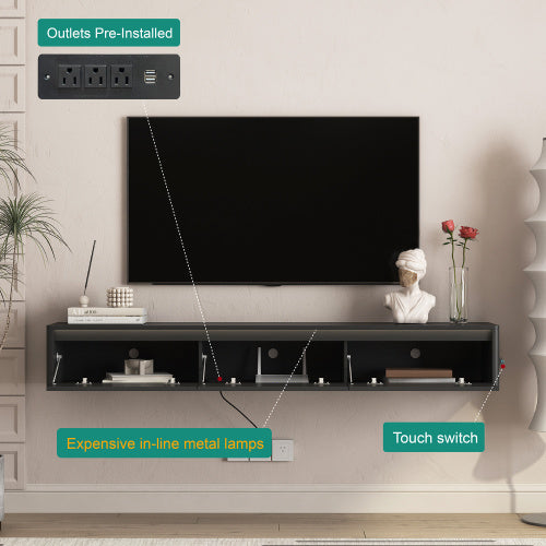 Fluted Wall Mount Floating TV Stand with LED Lights & Built-in Power Outlet for Living Room