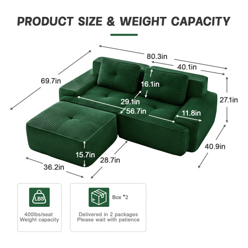 82 inch Green L-Shaped Corduroy Modular Sofa, Movable Ottoman, No Assembly Required