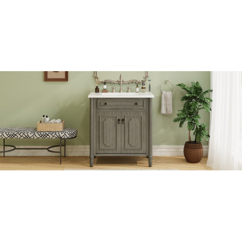 31" Vintage Bathroom Vanity with Sink, Rustic Bathroom Cabinet with Soft Close Doors and Adjustable Shelf, Curved Profile Design, Rubber Wood Legs, Gray