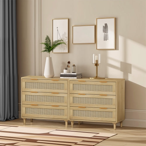 Oak Color 3-Drawer Rattan Storage Cabinet Set of 2 MDF Household Drawer Chest With Iron Handles
