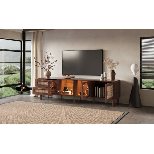 Rattan TV Stand with Drawers Glass Doors and LED Lights for 80 Inch TVs