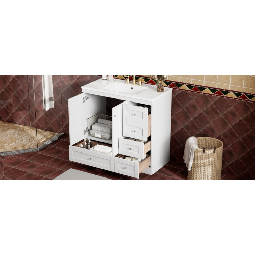 36 inch Shaker Style Free-Standing Bathroom Vanity Cabinet with Ceramic Sink, 4 Soft-close Drawers and 2 Soft-close doors