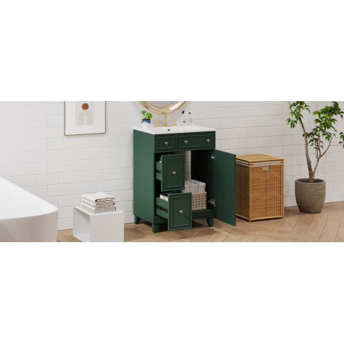 24" Forest Green Bathroom Vanity Cabinet with Ceramic Sink, 2 Drawers, 1 Soft-Close Door