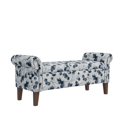 Traditional Rolled Arm Storage Bench Ottoman with Pewter Nailhead Trim in Black Floral with Dark Brown Solid Wood Legs