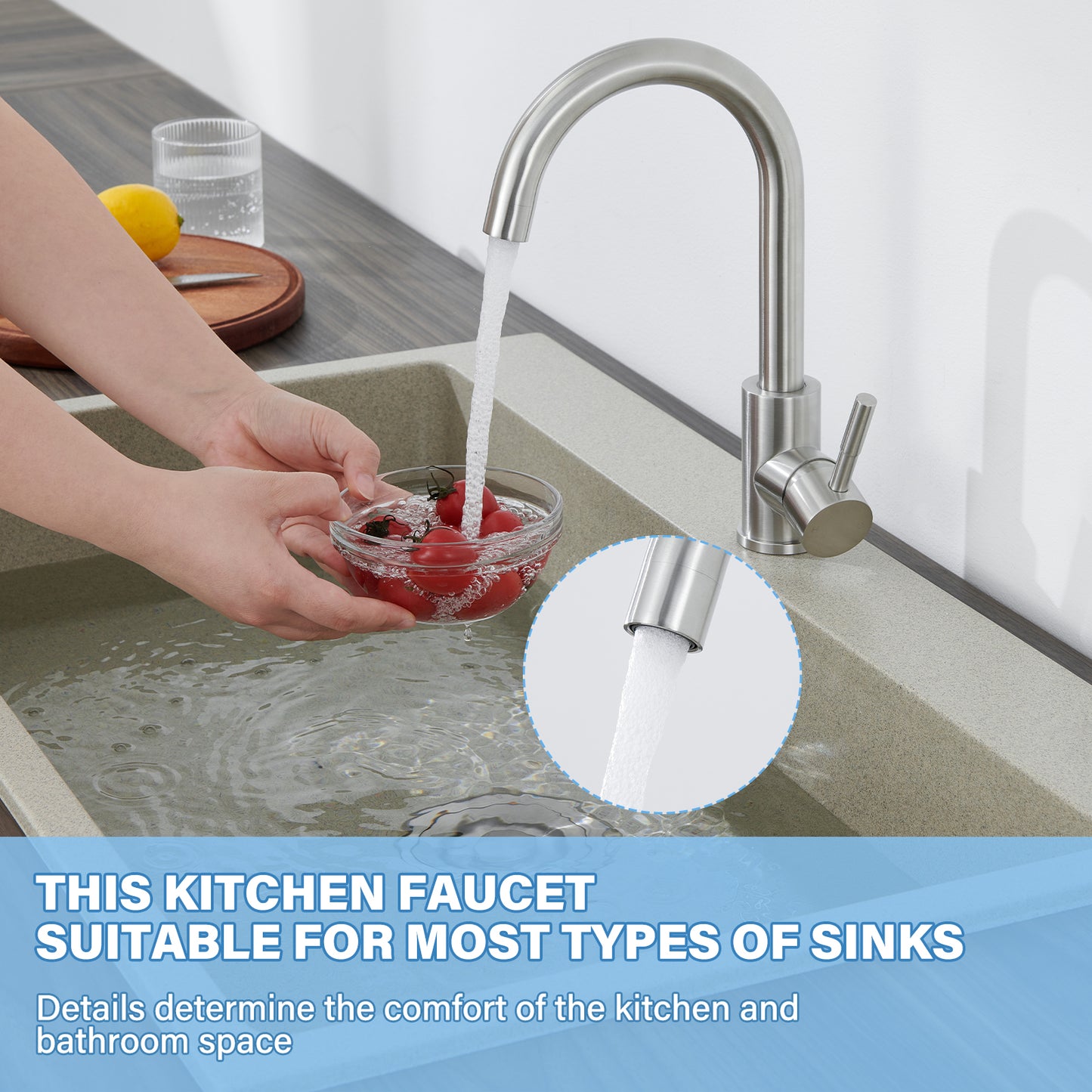 Single Handle Kitchen Bar Faucet with 360°, Single Hole Bar Kitchen Sink Faucet in Brushed Nickel