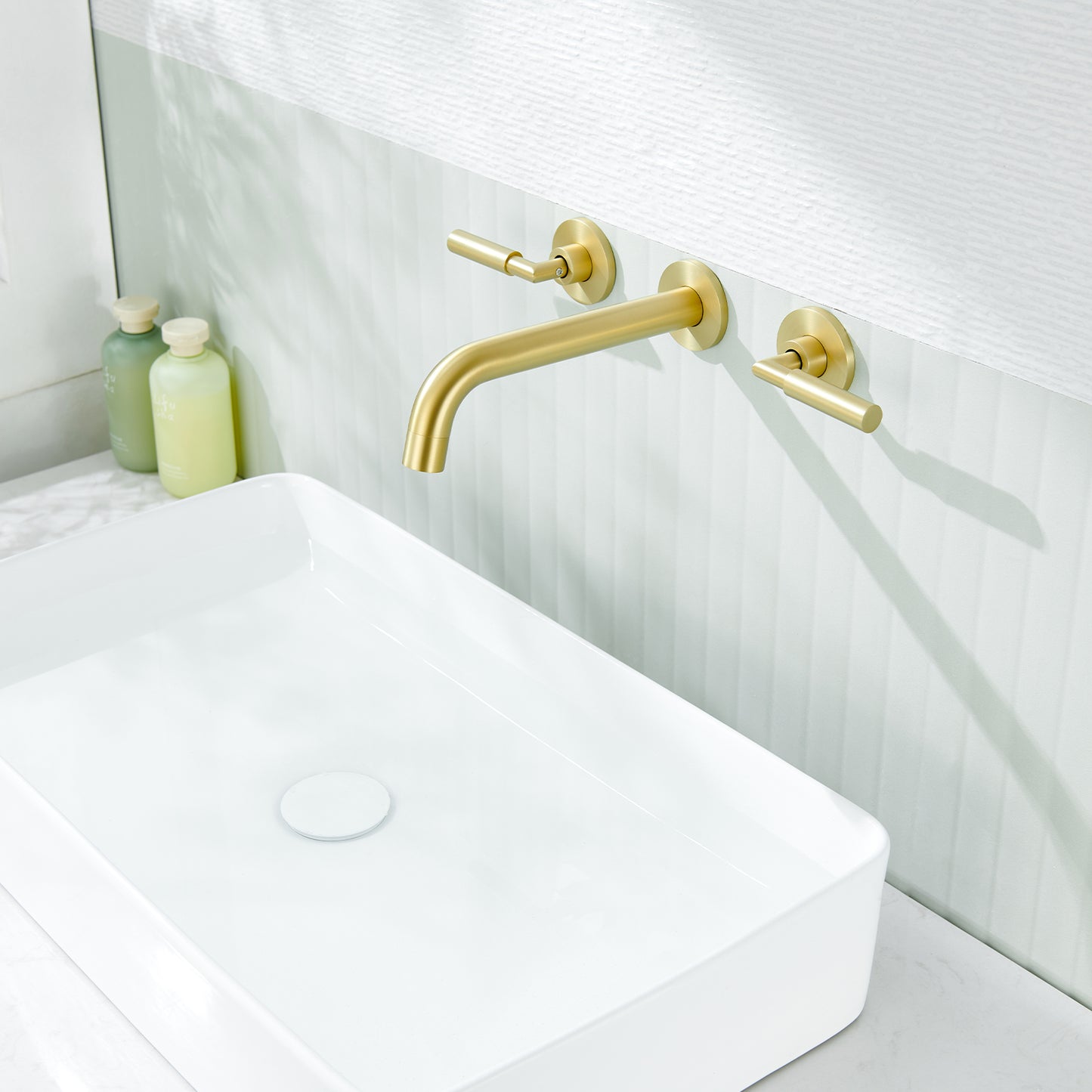 3-Hole 2-Handles Brass Wall-Mount Bathroom Faucet in Brushed Gold