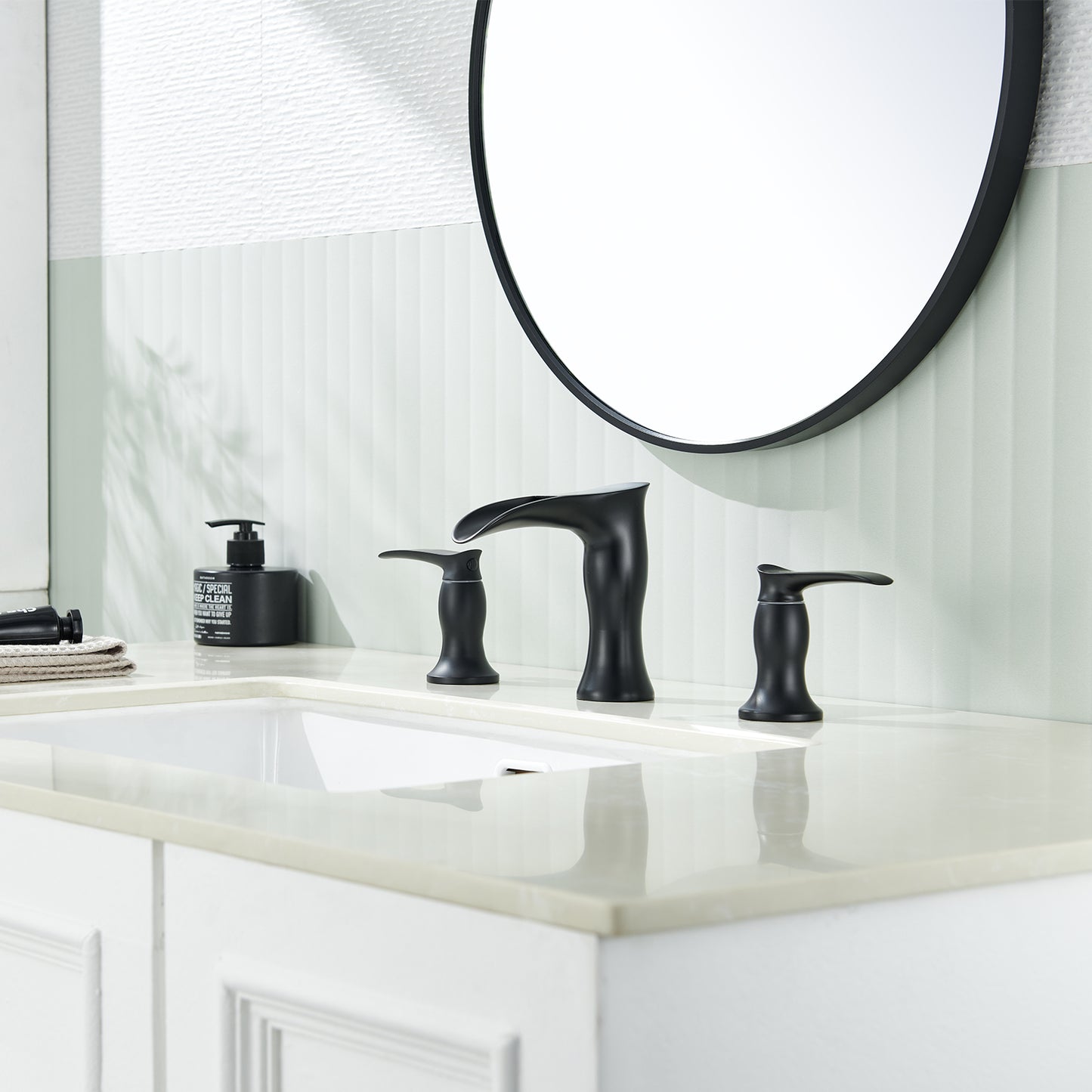 8 in. Widespread Waterfall 2-Handles 3-Holes Bathroom Faucet Lavatory Vanity Sink Faucet in Matte Black