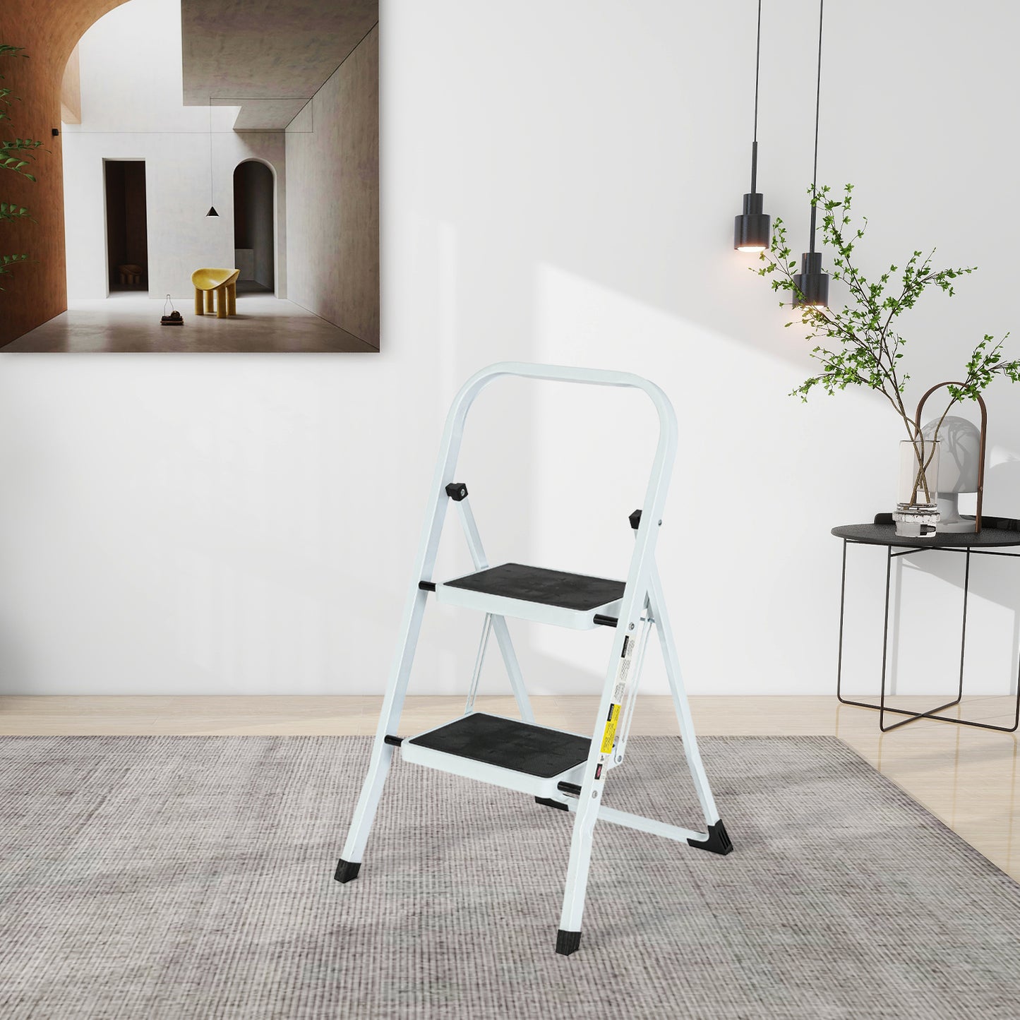 2-Step White Iron Ladder Foldable Non-slip Outdoor Ladder Loading 330 lbs. for Home, Kitchen, Office