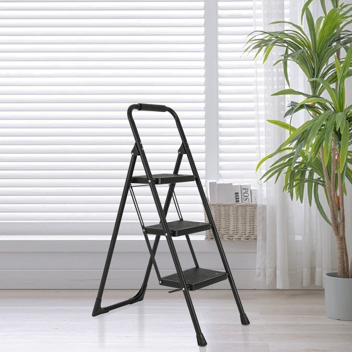 3-Step Iron Folding Step Stool Ladder 330 lbs. Load Capacity Type IA Duty Rating (6.3 ft. Reach Height), Black