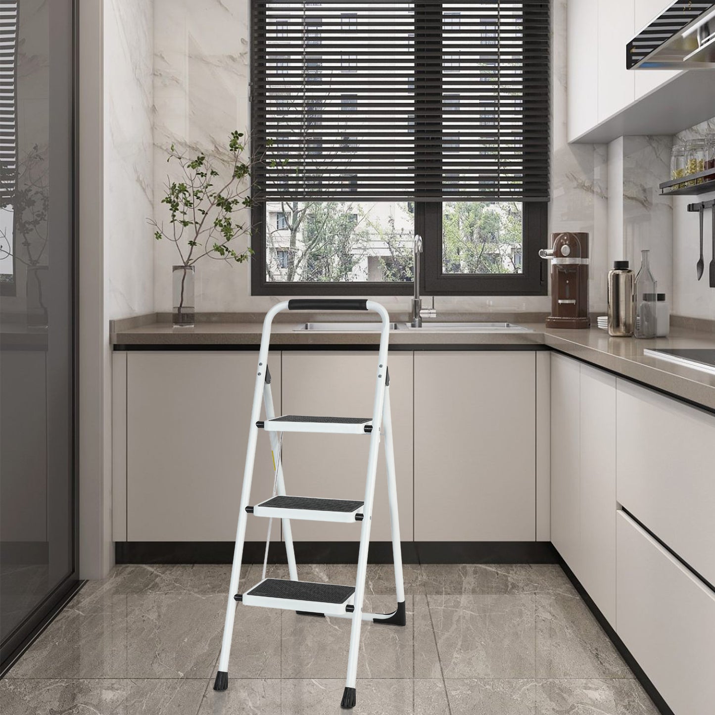 3-Step white Iron Ladder Foldable Non-slip Outdoor Ladder Loading 330 lbs. for Home, Kitchen, Office